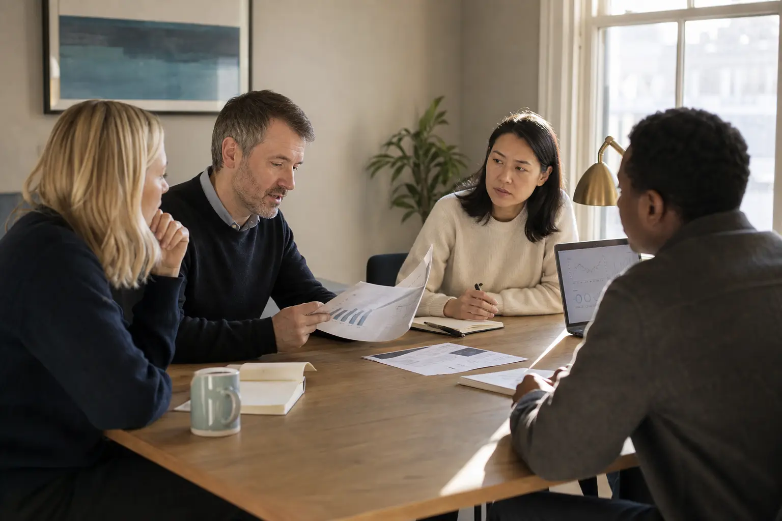 Illustrative scene of a small team reviewing market research together